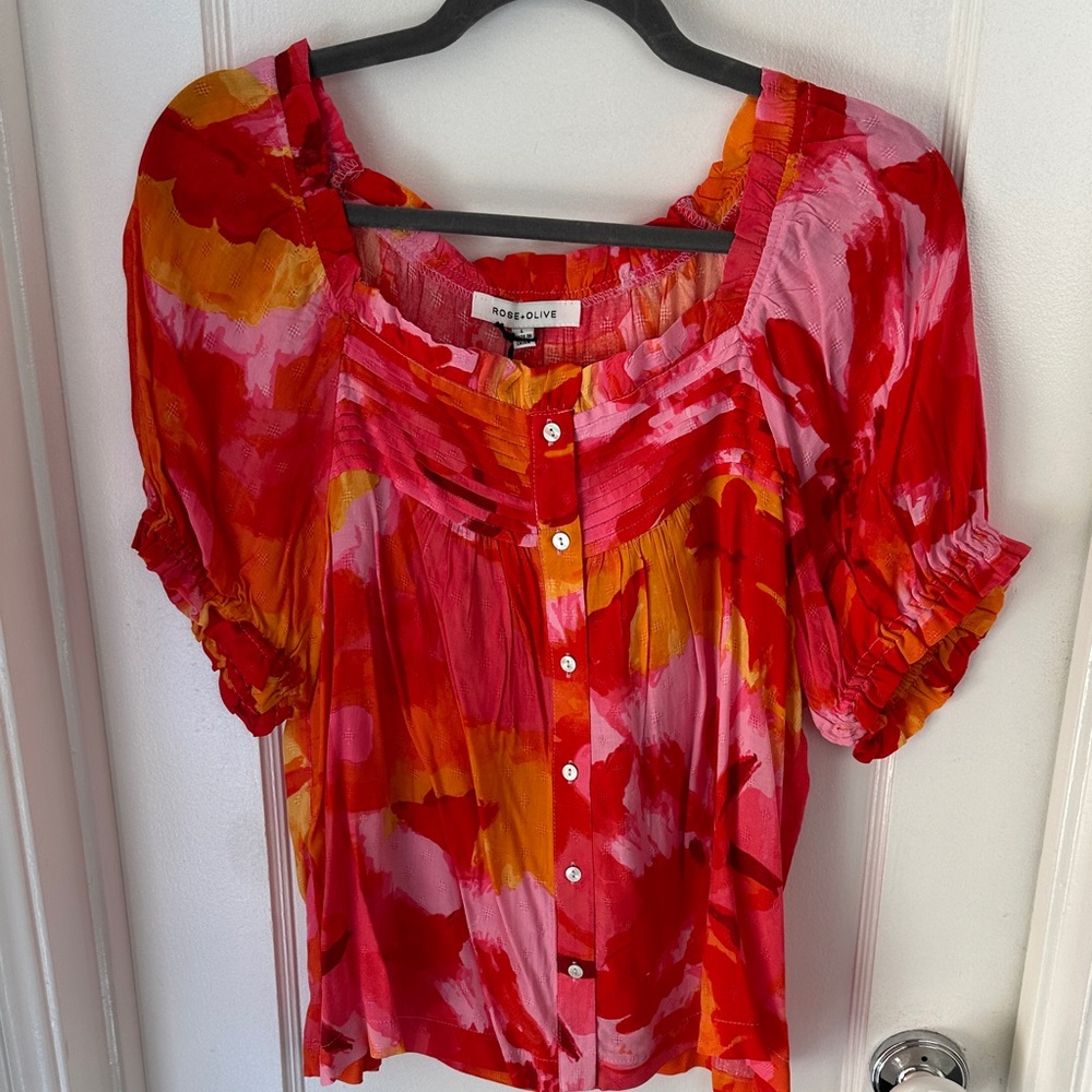 NEW Rose & Olive Red Pink Orange Floral Button-Front Blouse Size L